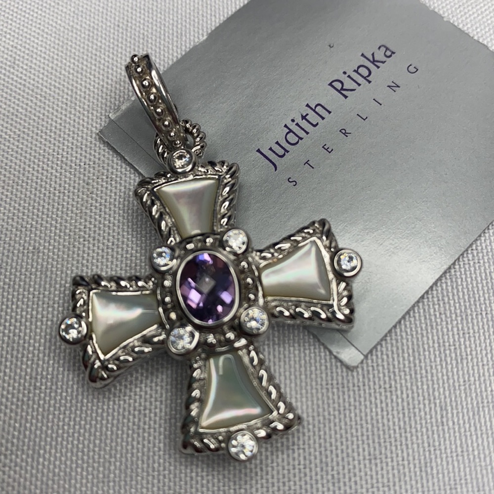 Judith Ripka Maltese Cross , Mother of Pearl and Amethyst .925
